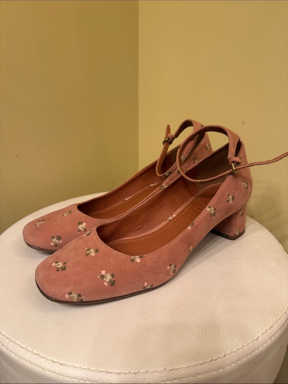 Coach Dusty Rose Floral Suede Block Heel Mary Janes